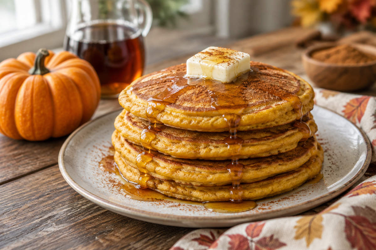 Stack of fluffy pumpkin pancakes topped with syrup and cinnamon, showcasing pumpkin pancakes