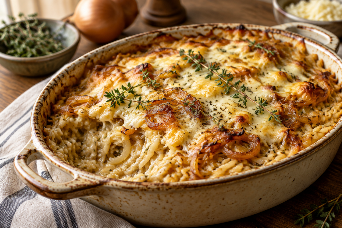 French Onion Orzo Bake with melted cheese and caramelized onions in casserole dish