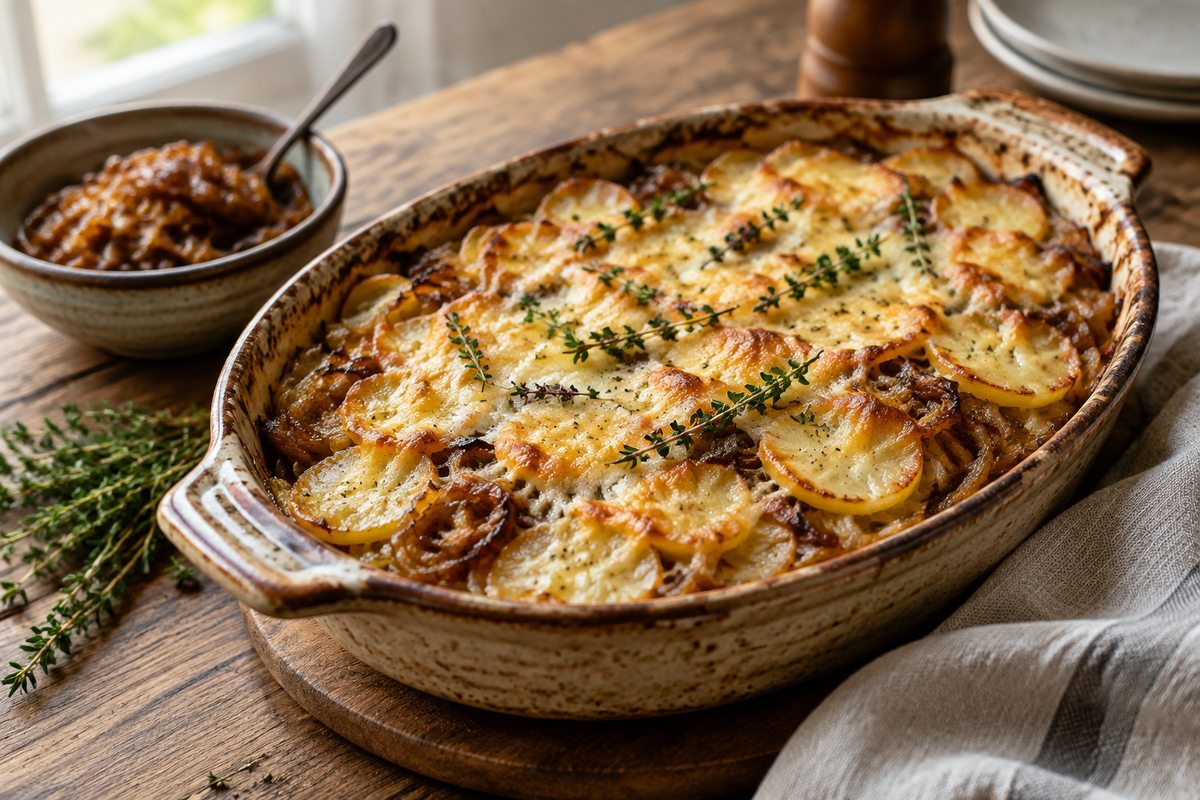 French onion potato bake topped with melted cheese and fresh thyme, showcasing rich layers of potatoes and caramelized onions