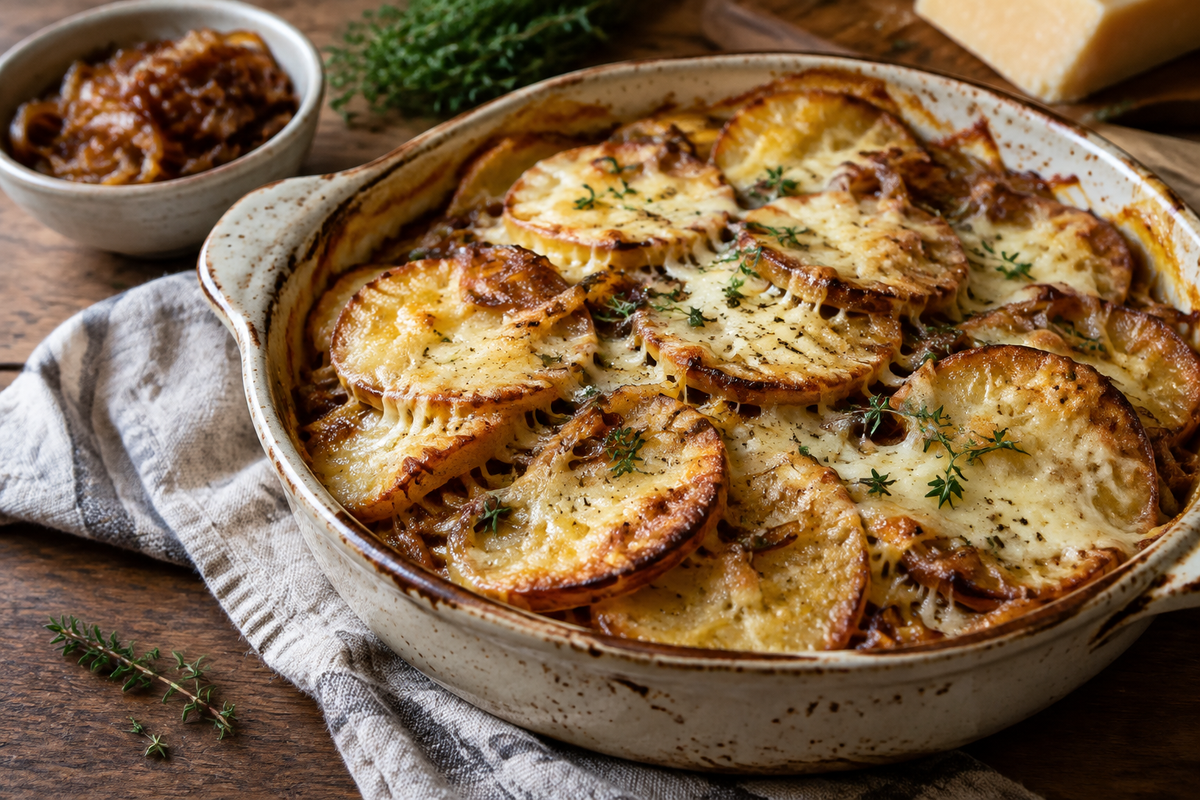 French onion potatoes in a rustic dish with caramelized onions and melted cheese, showcasing french onion potatoes