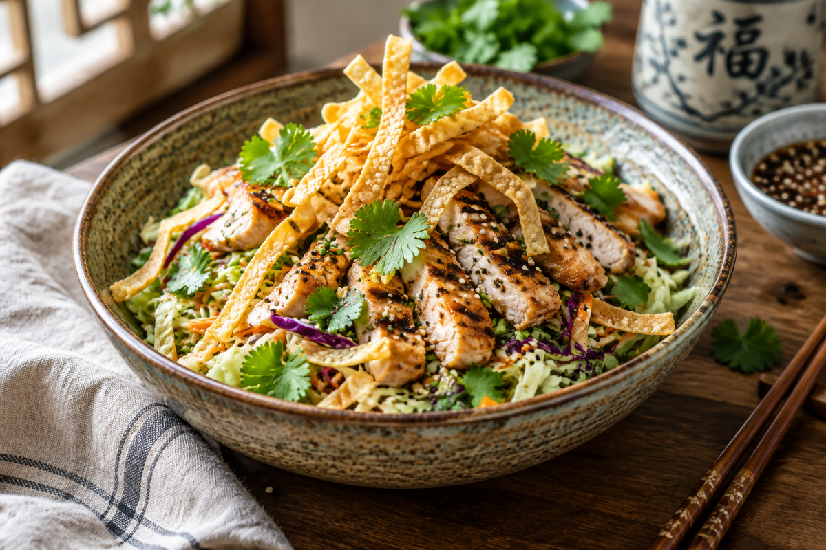 Asian chicken crunch salad with grilled chicken, cabbage, wonton strips, and fresh herbs in a rustic bowl