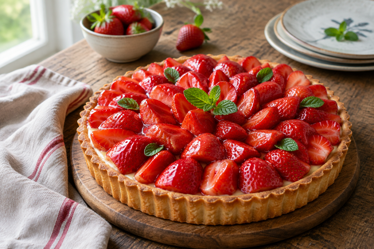 Seasonal strawberry tart with fresh strawberries and golden crust, perfect summer dessert