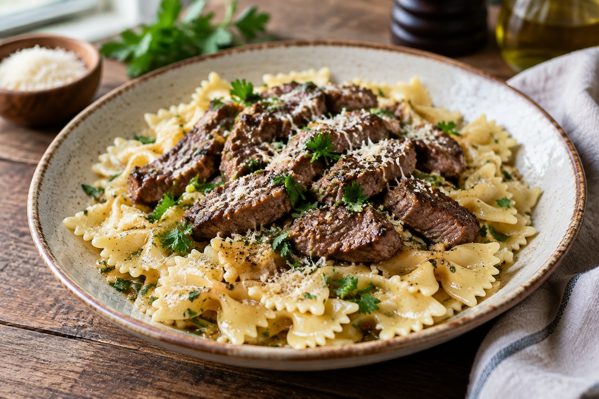 Garlic Butter Bowtie Pasta Recipe with Beef Perfection – allhoursrecipes