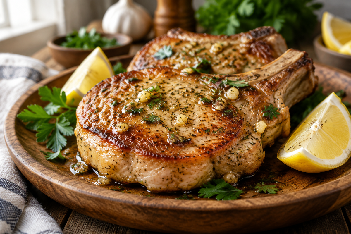 Garlic butter pork chops pan seared to golden brown with fresh parsley garnish