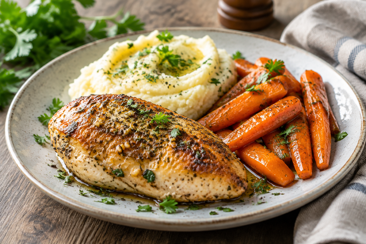 Garlic herb chicken served with mashed potatoes and glazed carrots on a rustic plate
