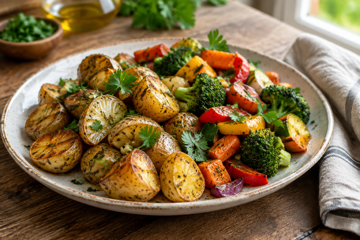 Garlic herb roasted potatoes and veggies on a rustic plate, golden and seasoned with fresh herbs