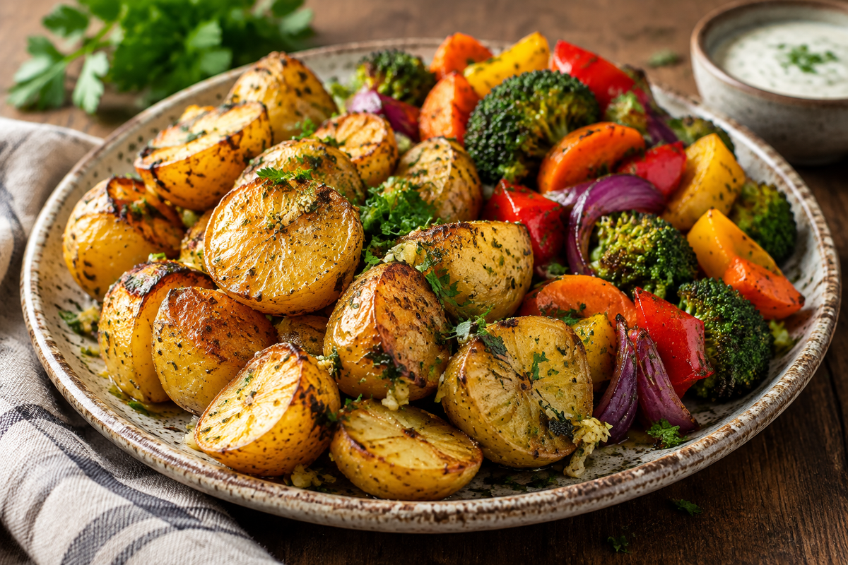 Garlic herb roasted potatoes and veggies served on a rustic plate with fresh herb garnish