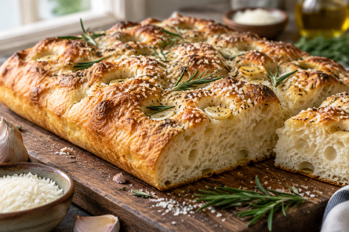 Garlic parmesan focaccia bread with golden crust and fresh rosemary garnish on wooden board