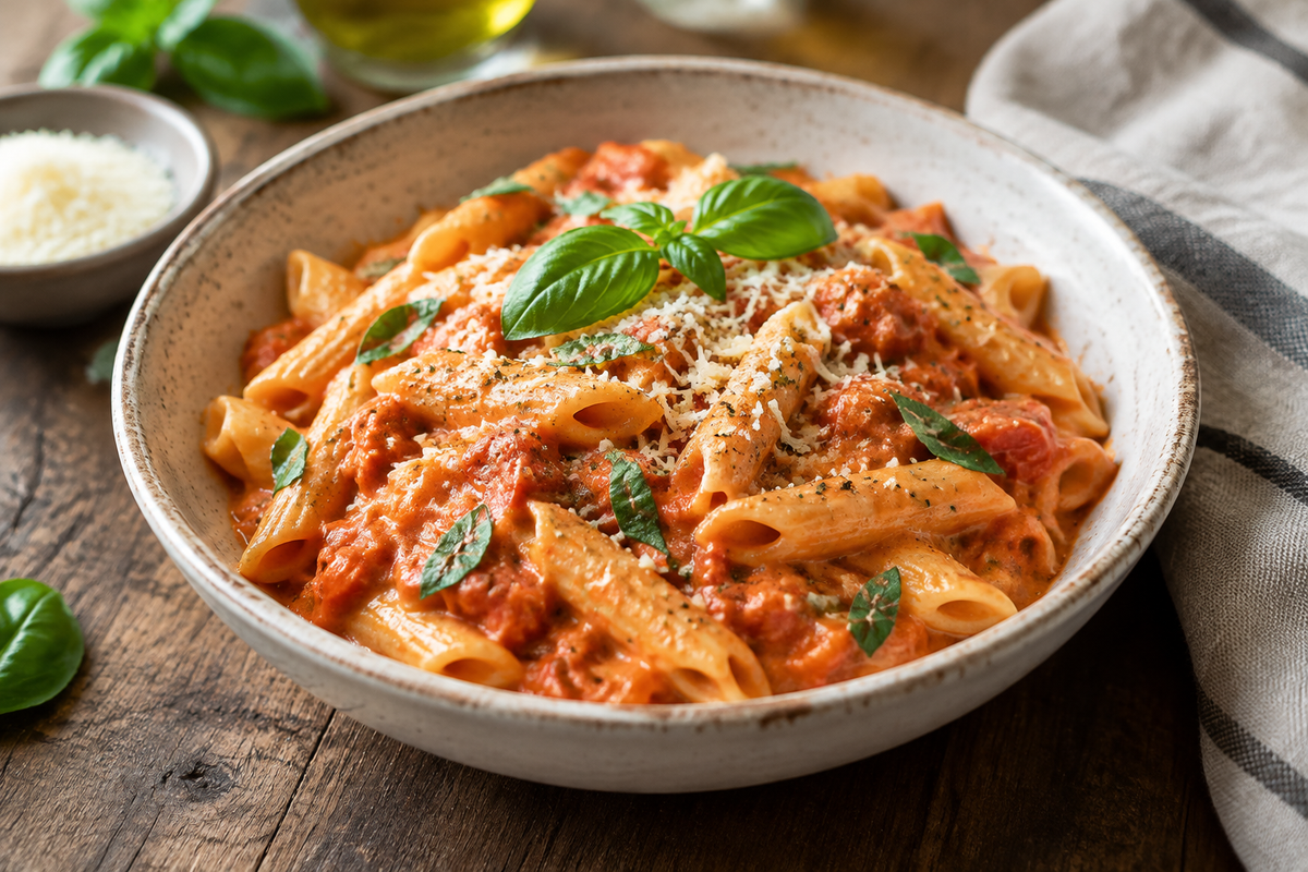 Garlicky pasta with rich tomato cream sauce garnished with basil and Parmesan