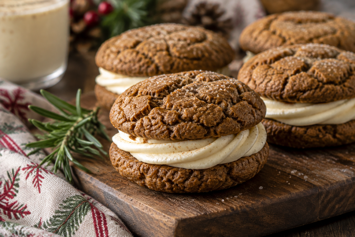 Ginger molasses sandwich cookies with eggnog frosting stacked on rustic board with holiday garnish