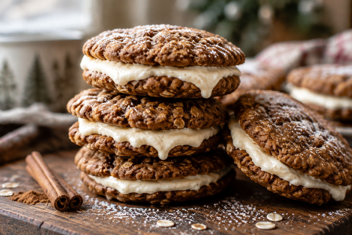 Gingerbread oatmeal cream pies stacked with creamy filling and powdered sugar, showcasing the gingerbread oatmeal cream pies