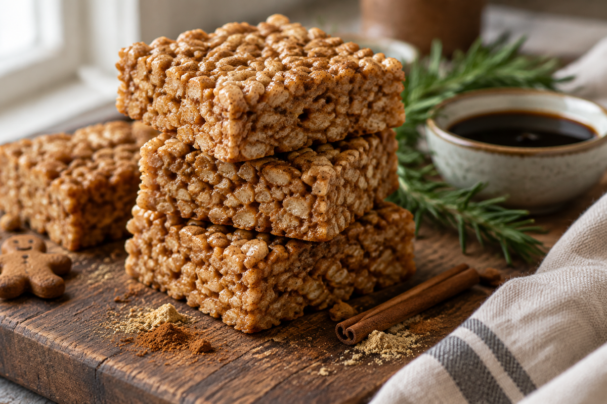 Gingerbread rice krispie treats stacked on wooden board with warm spices and garnishes