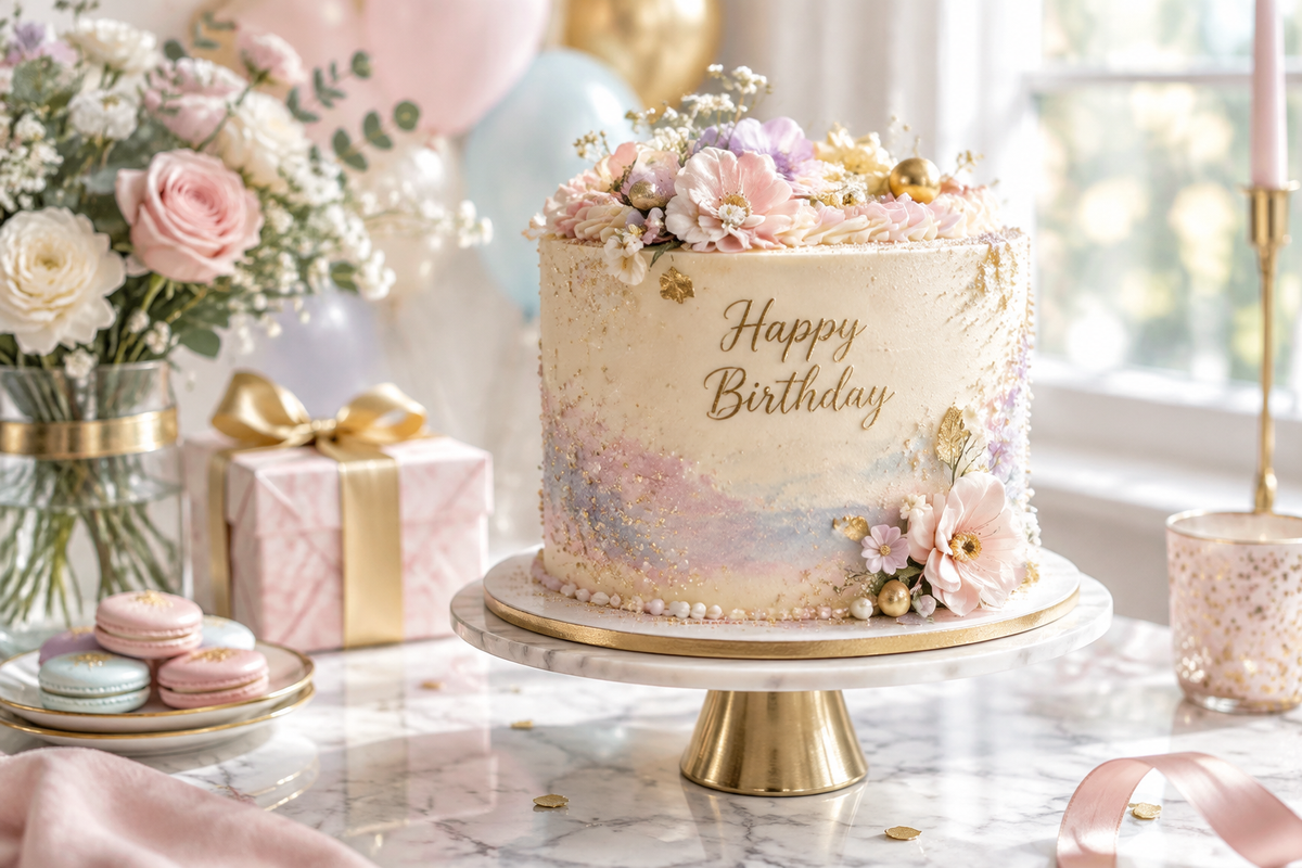 sparkling birthday cake decorated with edible glitter and gold accents on marble surface