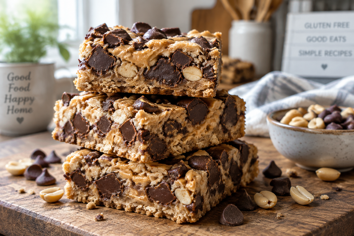 Gluten free chubby hubby bars stacked with chocolate chunks and peanut butter swirls on rustic wooden board