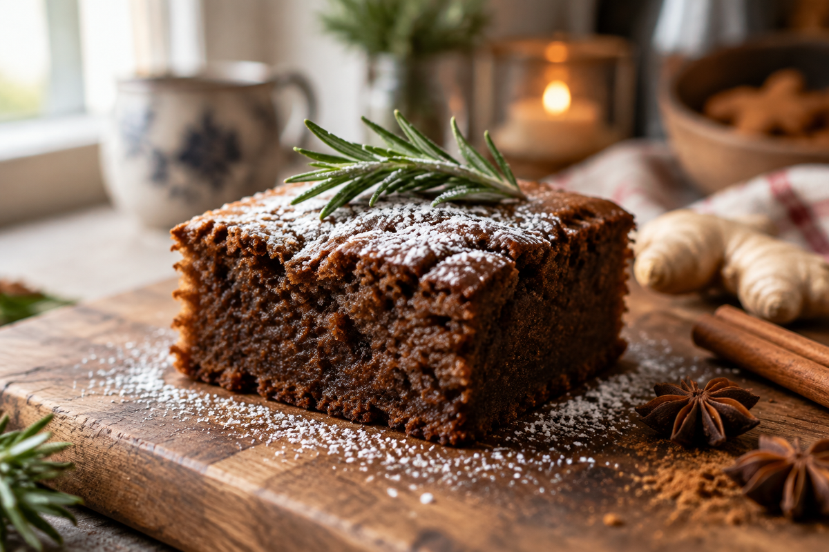 A moist gingerbread brownie square dusted with powdered sugar, showcasing the gingerbread brownies texture and warm spices