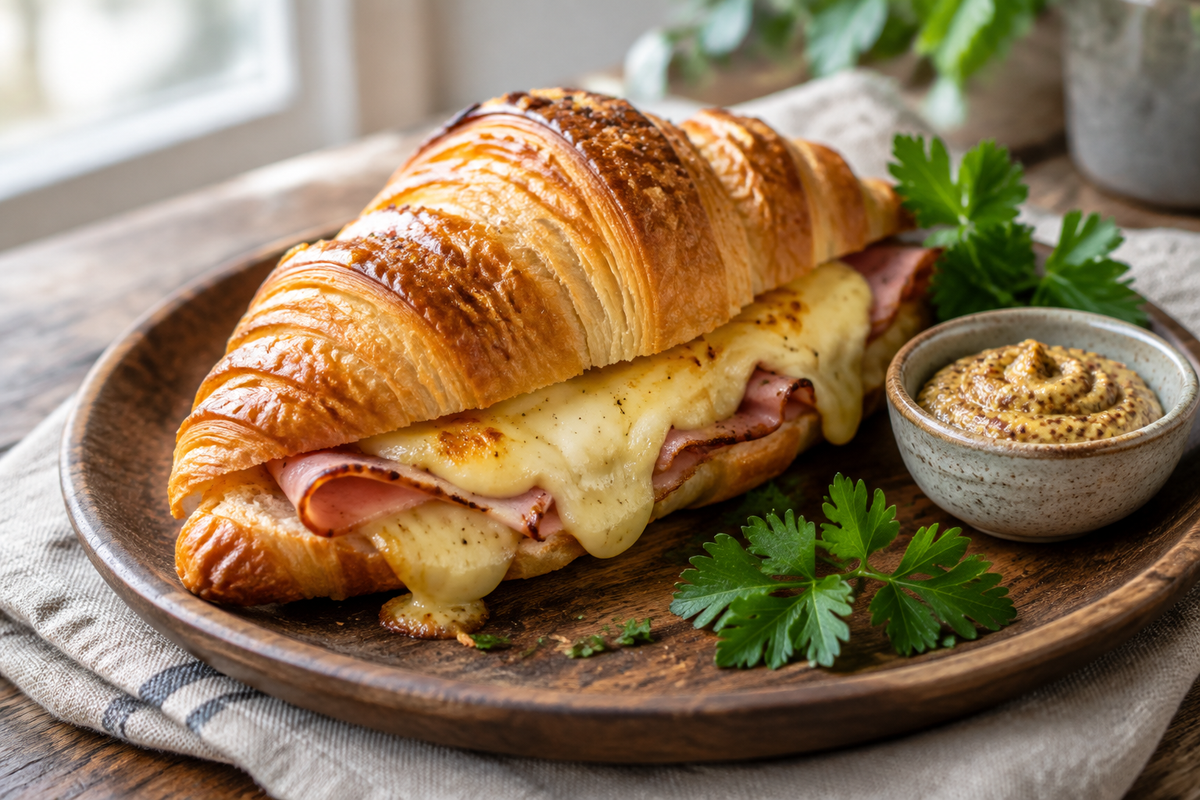 Golden baked ham and cheese croissants with flaky layers and melted cheese on rustic plate