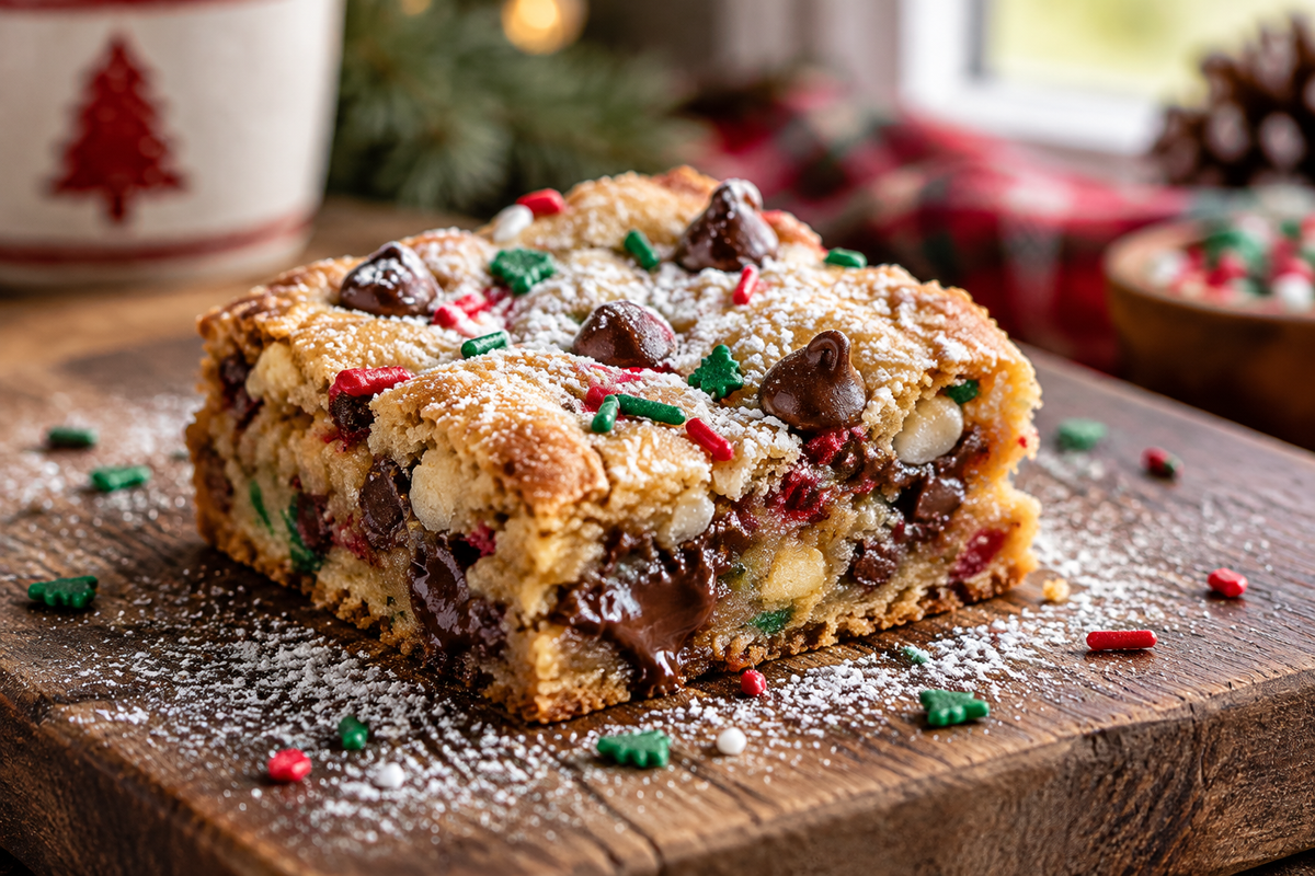 Gooey Christmas cookie bars with melty chocolate chips and festive sprinkles on rustic wooden board