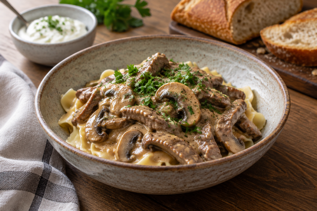 Gordon Ramsay beef stroganoff served in a ceramic bowl with creamy mushroom sauce and parsley garnish