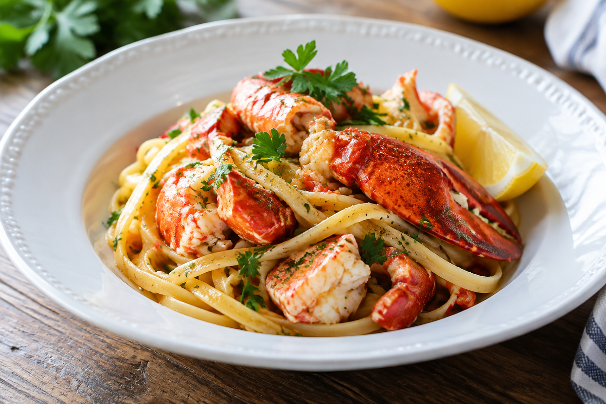 Gourmet lobster pasta with fresh parsley garnish, showcasing lobster pasta in a luxury seafood dish