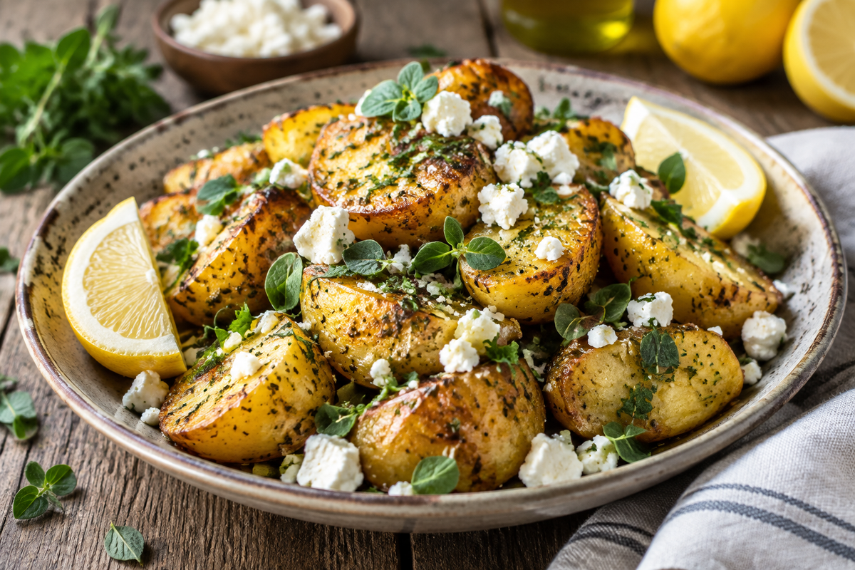 Greek roast potatoes with lemon and feta, crispy and zesty side dish