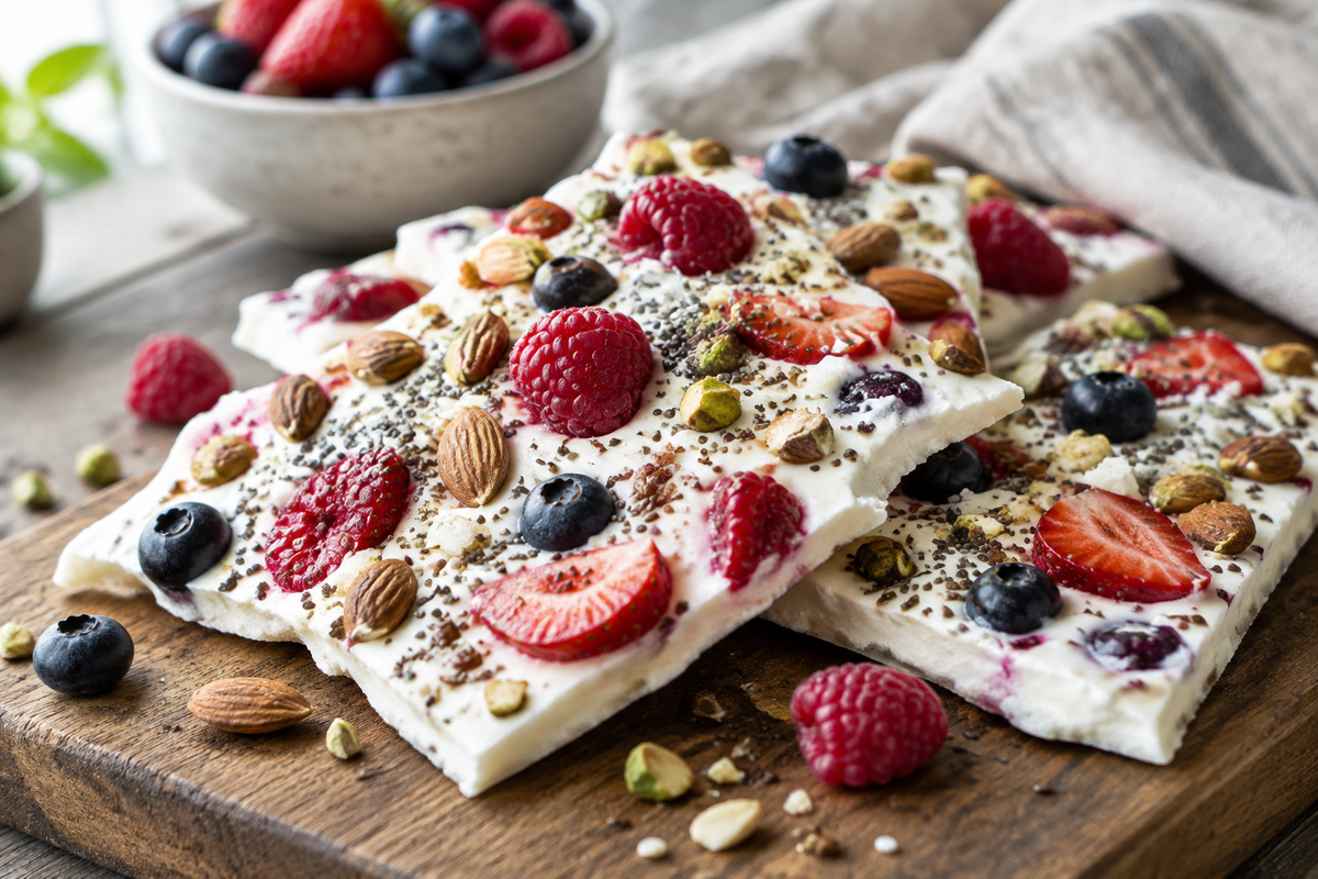 Greek yogurt bark protein-packed snack with berries and nuts on rustic board