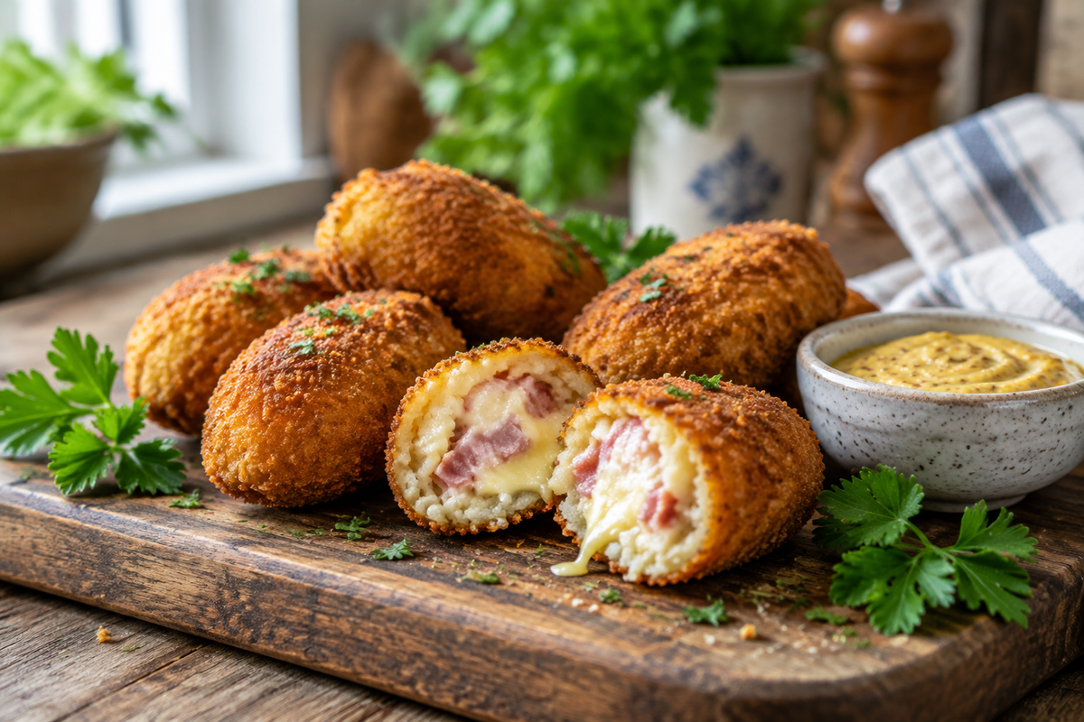 Golden ham and cheese croquettes garnished with parsley and served with mustard sauce