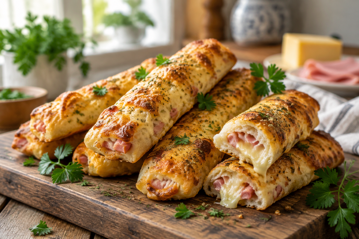 Golden baked ham and cheese sticks on a wooden board with parsley garnish, easy party snack