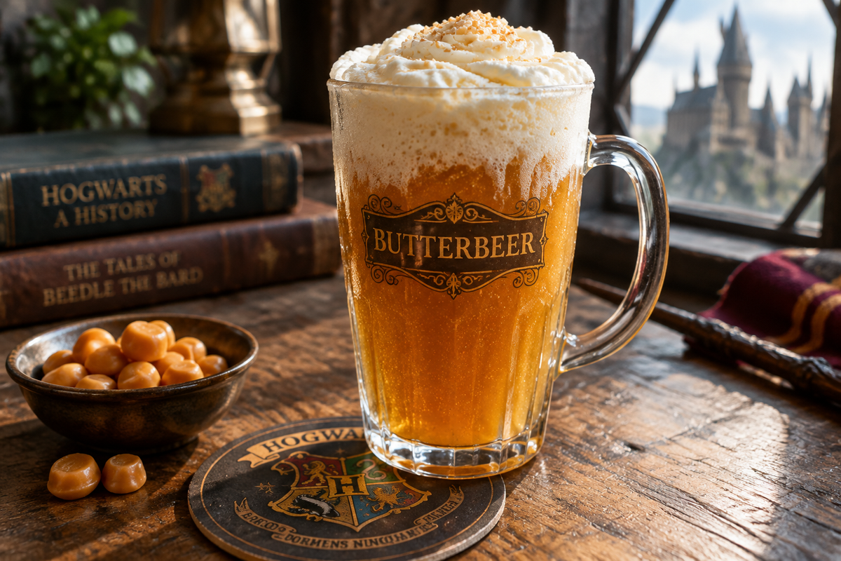 Glass of frothy Harry Potter Butterbeer with creamy foam and caramel color