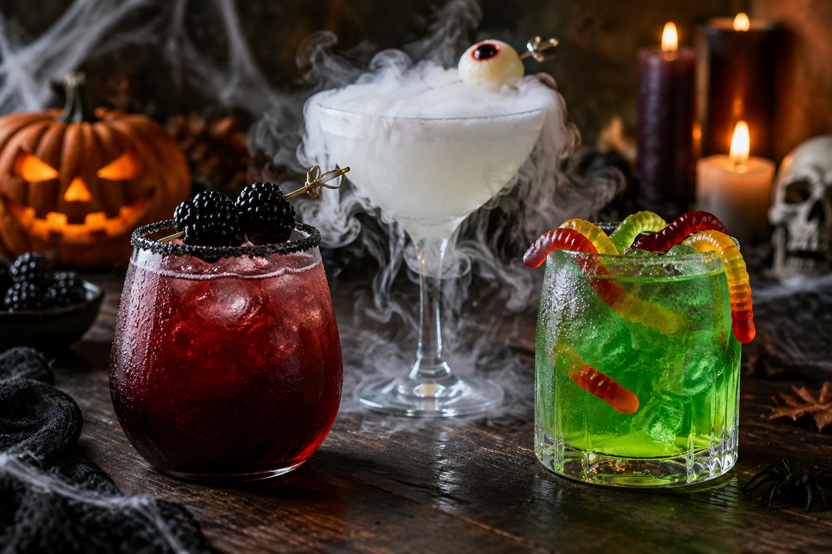 Three spooky Halloween cocktails with creepy garnishes, perfect Halloween cocktails