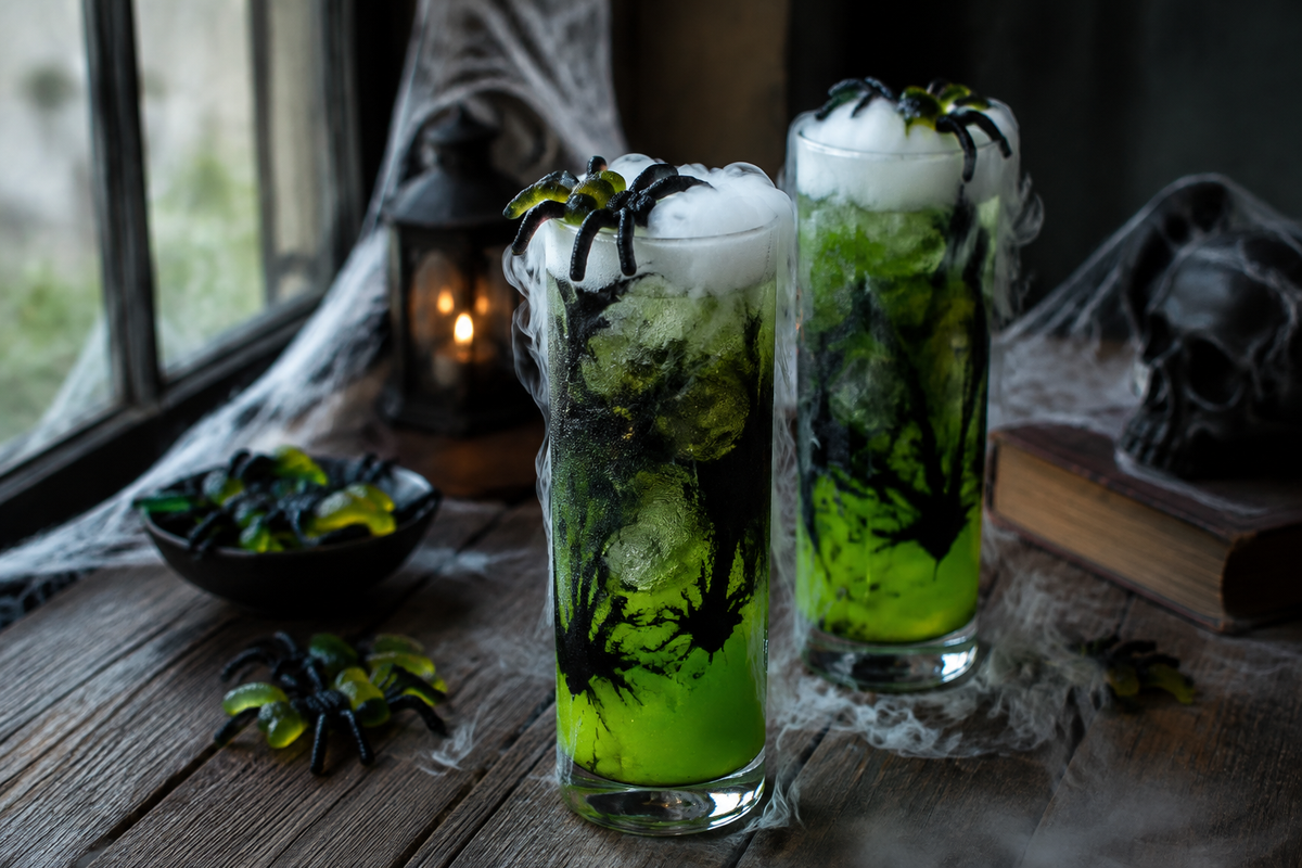 Haunted house Halloween cocktails with spooky garnishes and eerie green hues on rustic table