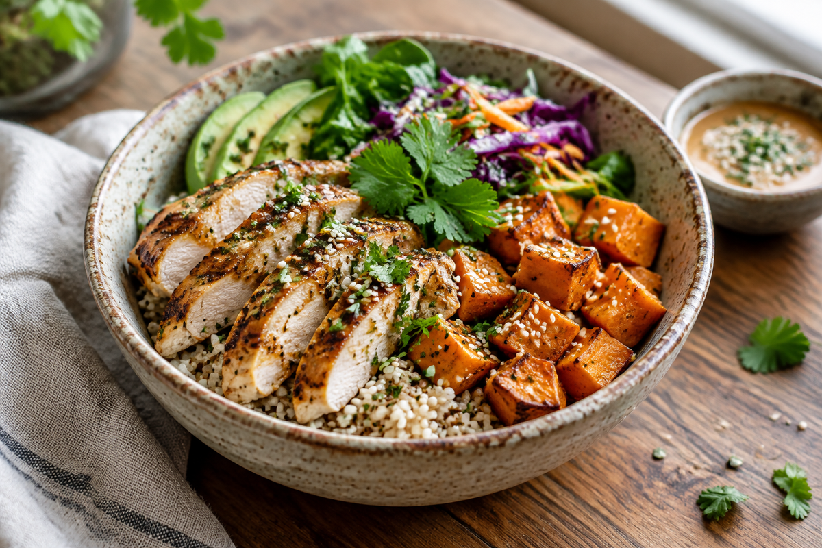 Healthy chicken rice bowl with sweet potato, fresh herbs, and sesame seeds
