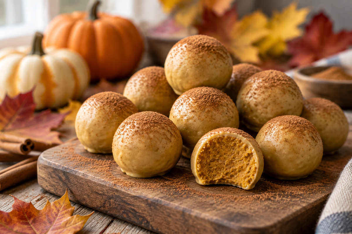 Healthy pumpkin truffles arranged on wooden board with cinnamon garnish