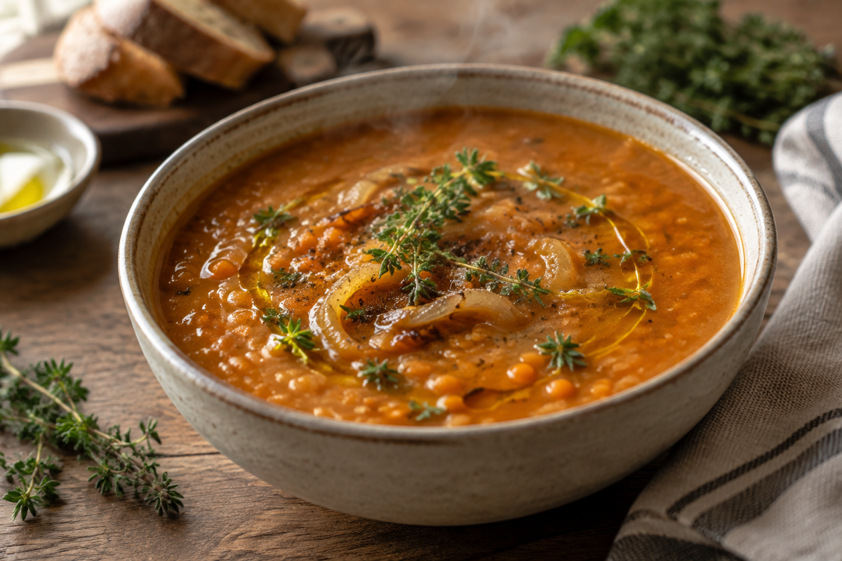 Hearty caramelized onion soup with red lentils garnished with fresh thyme and olive oil