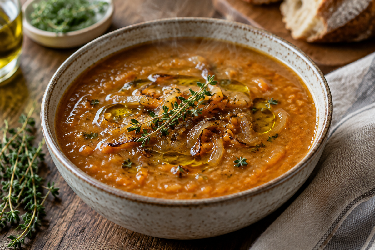 Hearty caramelized onion soup with red lentils garnished with fresh thyme and olive oil