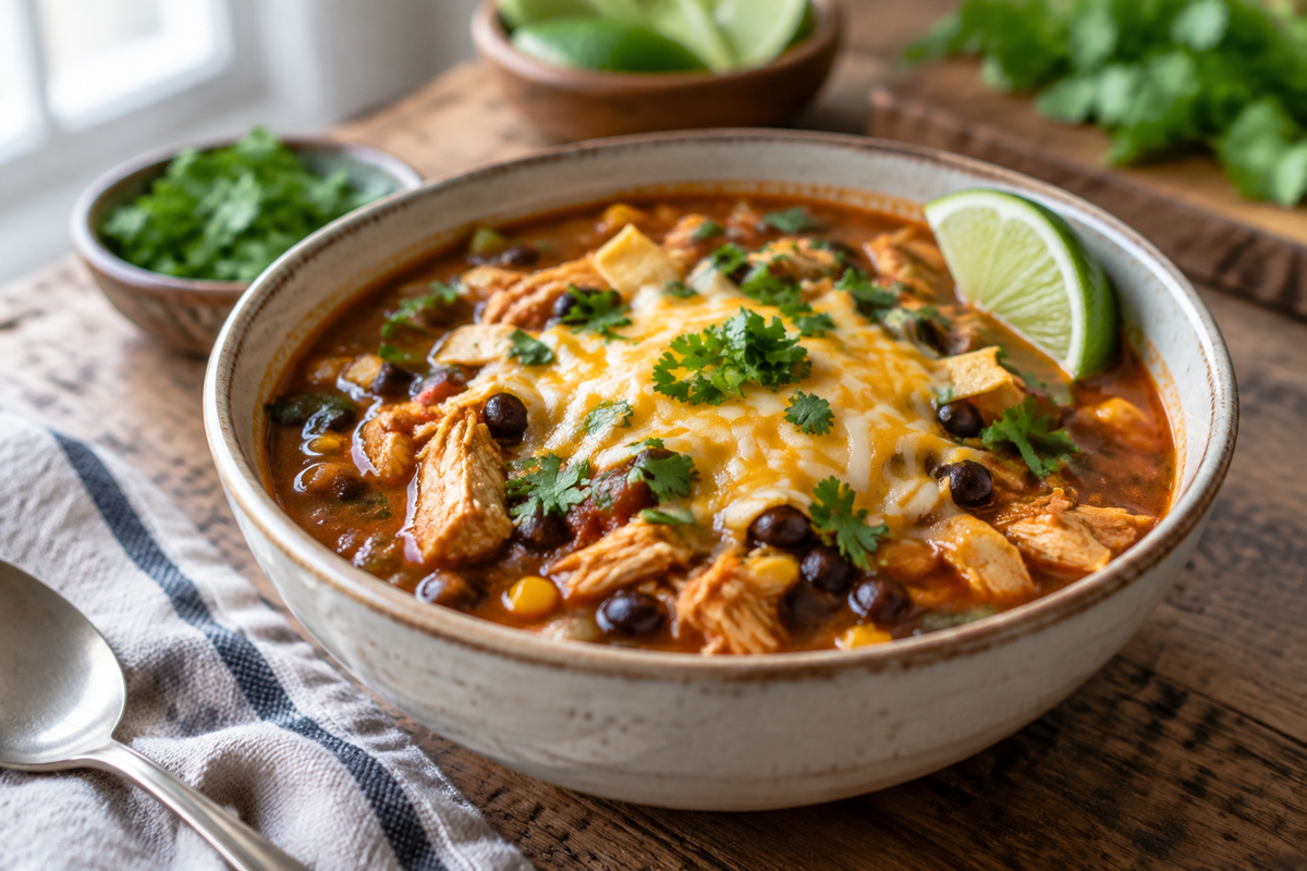 Hearty chicken enchilada soup in a bowl garnished with cheese and cilantro