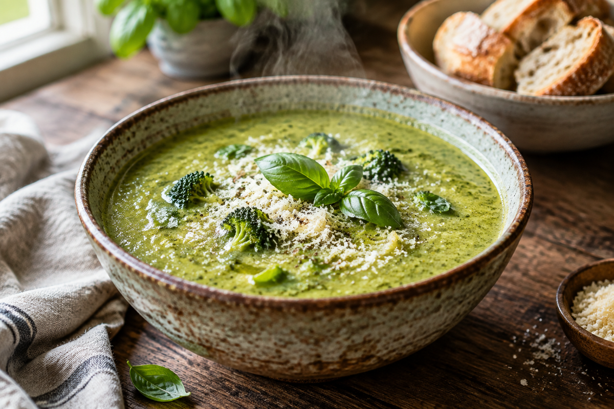 Hearty Italian broccoli soup served in a rustic bowl garnished with Parmesan and basil