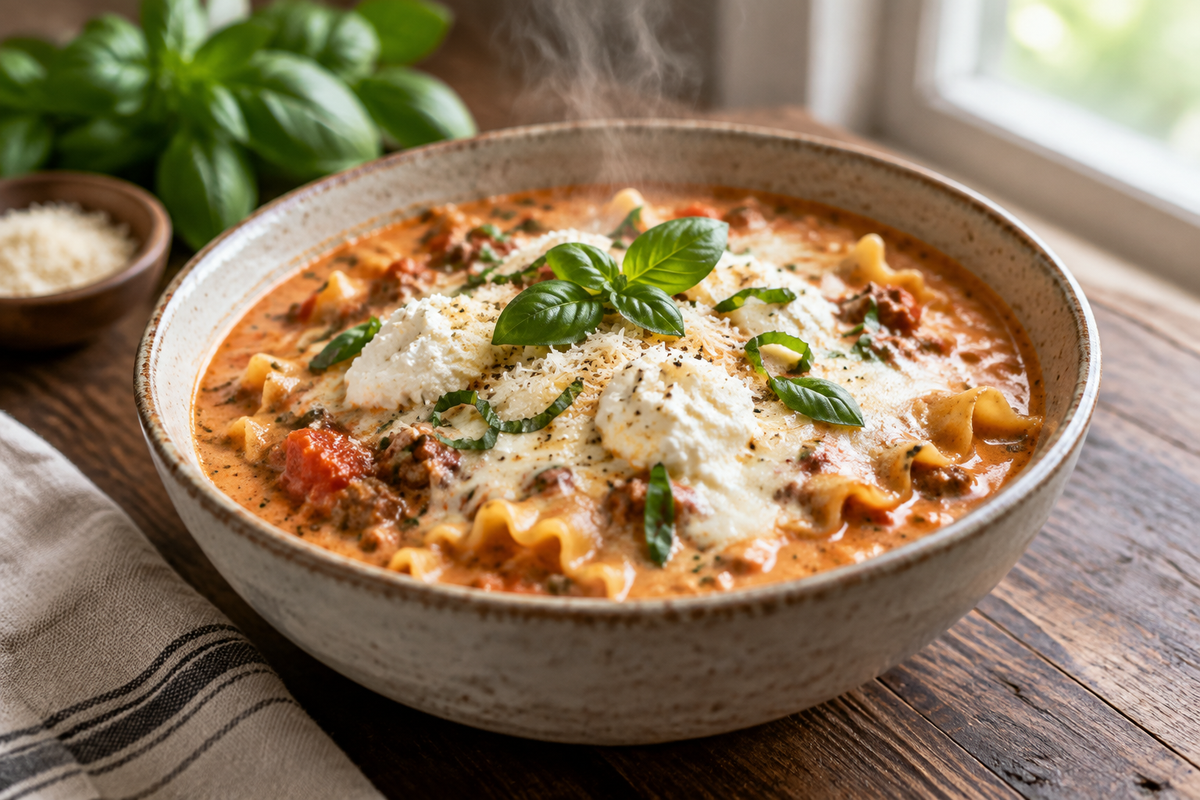 Bowl of lasagna soup with ricotta and mozzarella cheese garnish