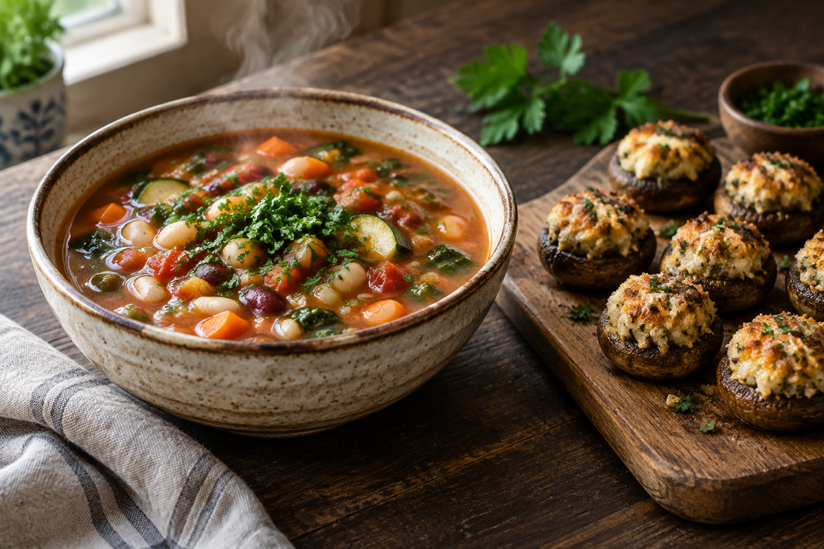 Hearty soup recipes with a bowl of vegetable bean soup and cozy mushroom appetizers on a rustic table