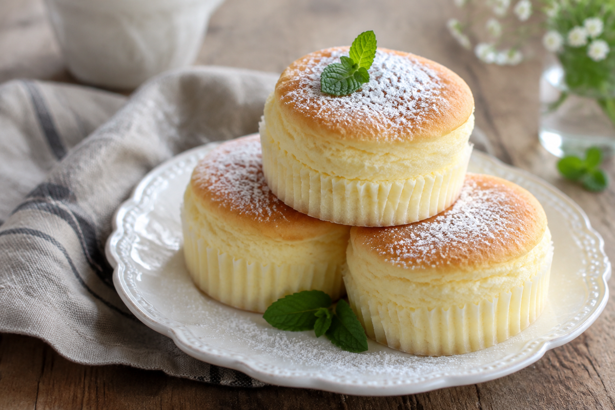 Light and airy Japanese cotton cheesecake cupcakes with powdered sugar and mint garnish
