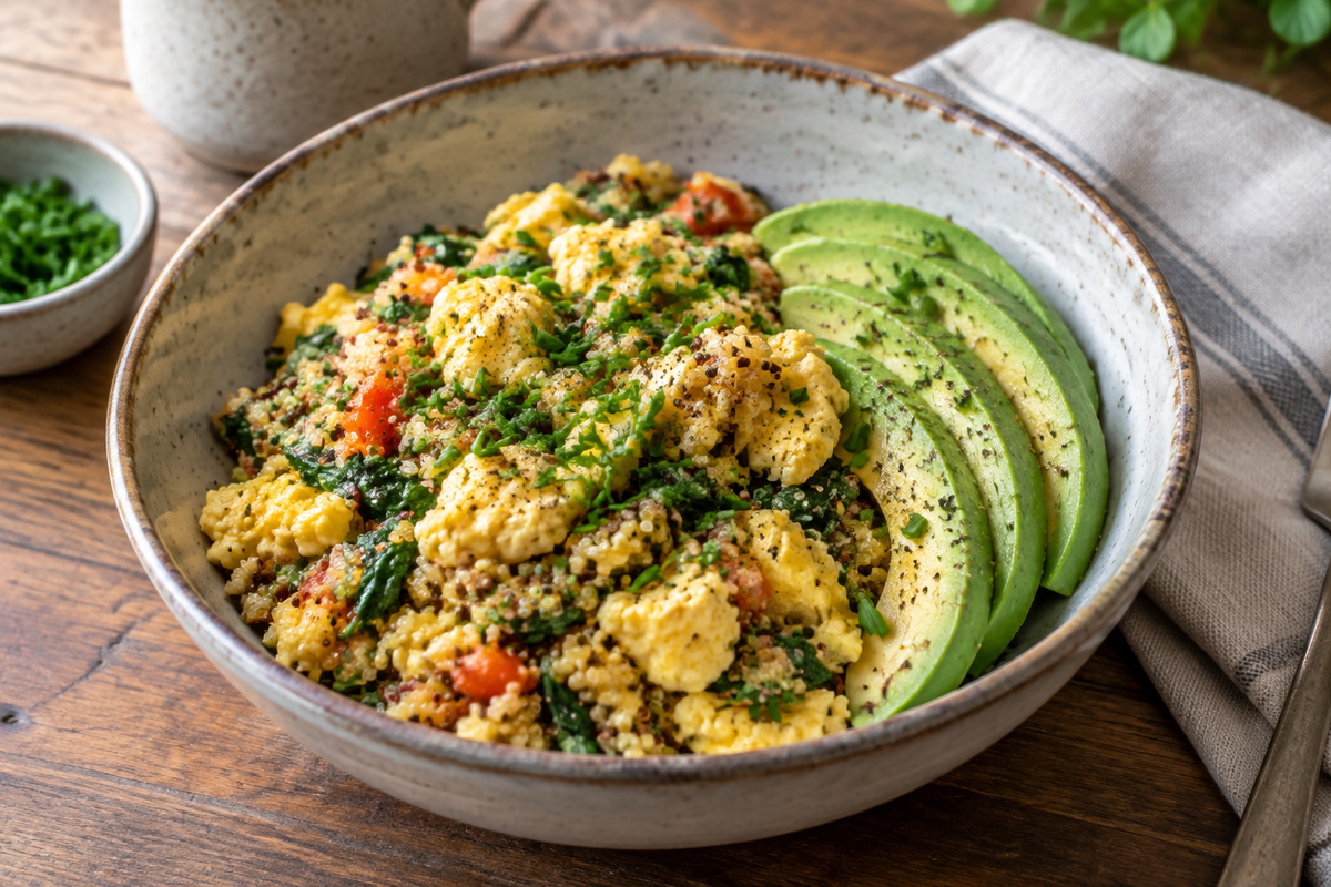 High-protein breakfast with quinoa egg scramble and avocado garnished with chives