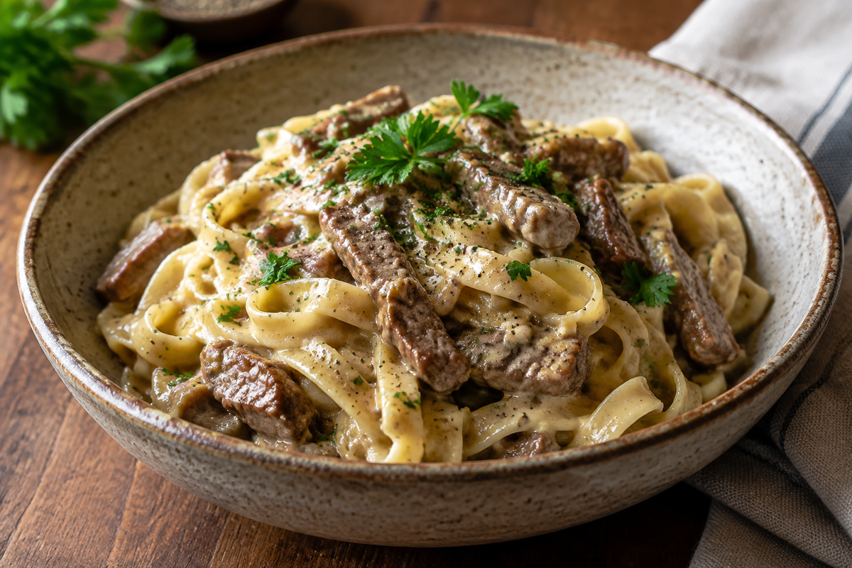 High-protein creamy beef pasta served in a rustic bowl garnished with parsley and pepper