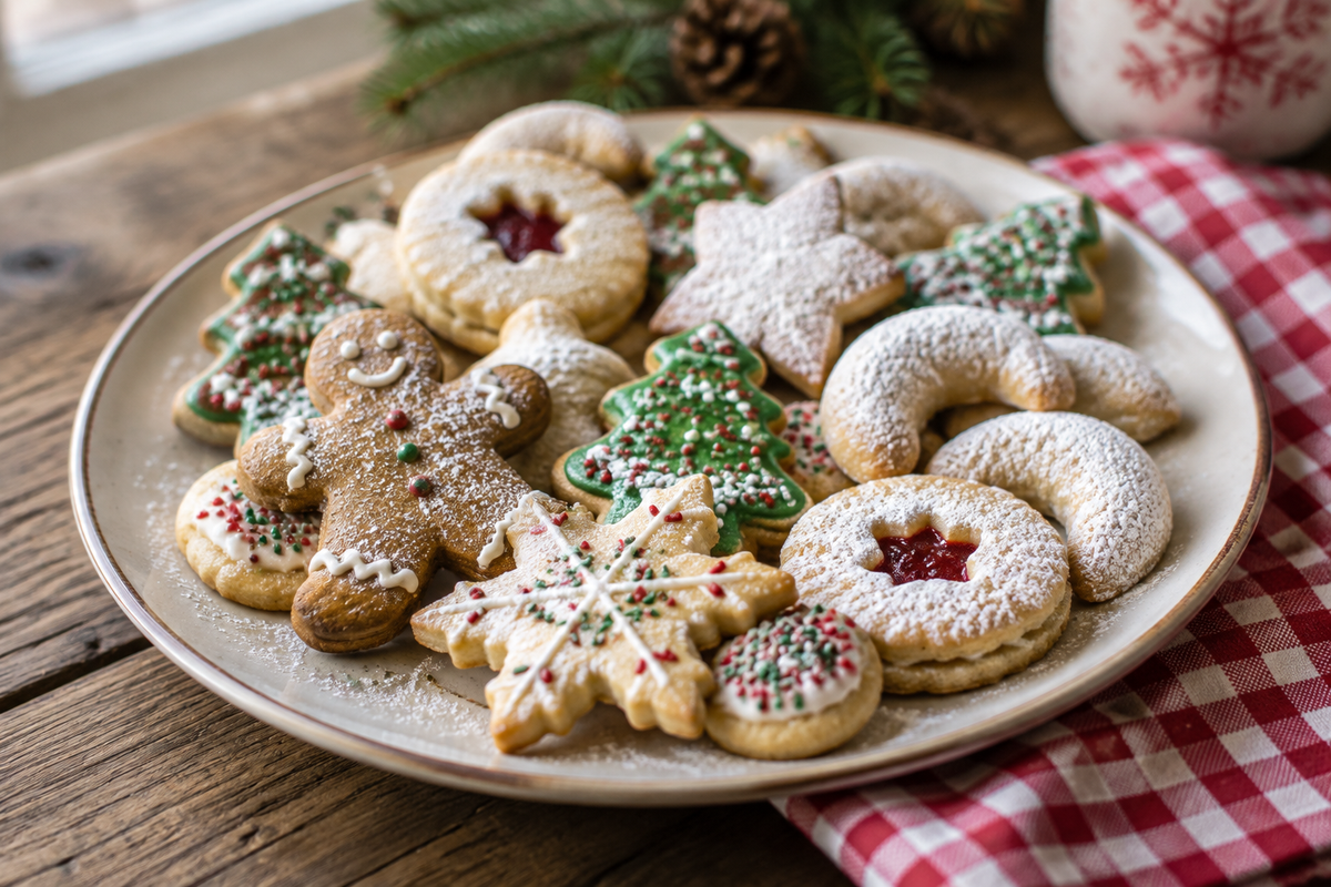 Holiday cookie recipes plate with assorted festive cookies dusted with powdered sugar and sprinkles