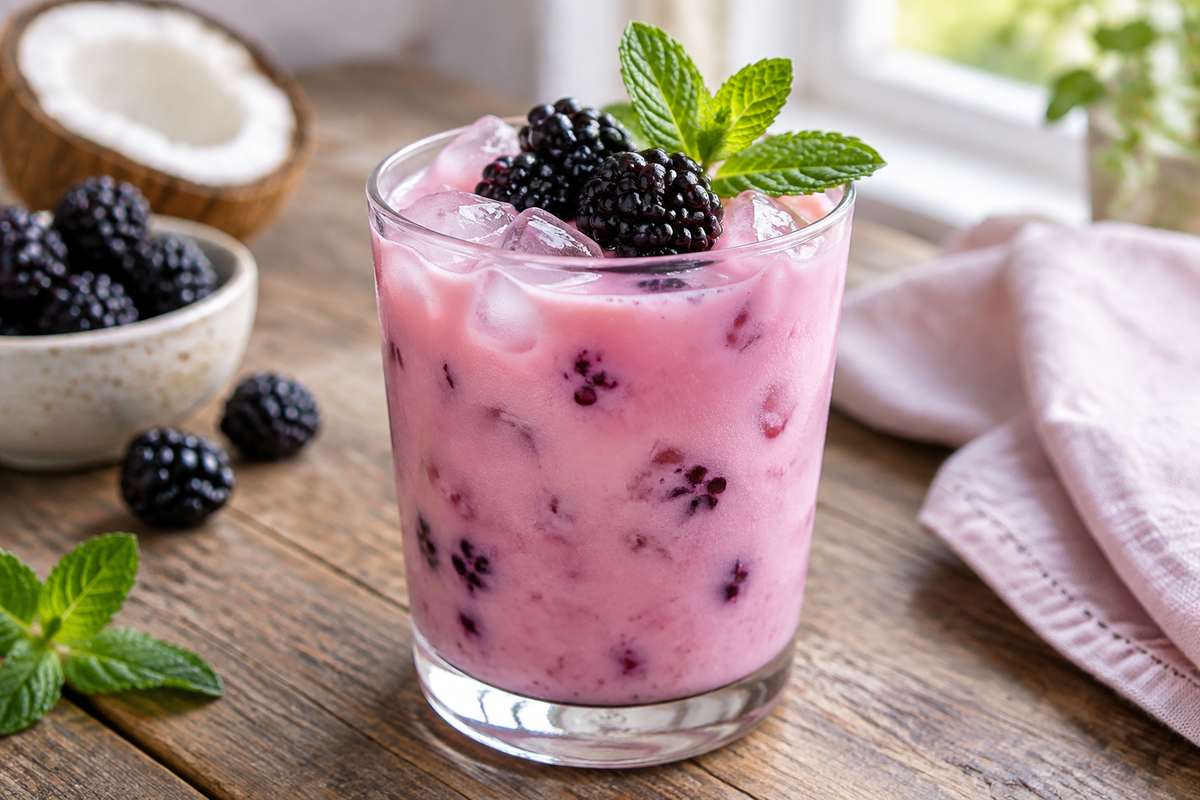 Homemade blackberry coconut pink drink garnished with fresh blackberries and mint, showcasing the refreshing drink