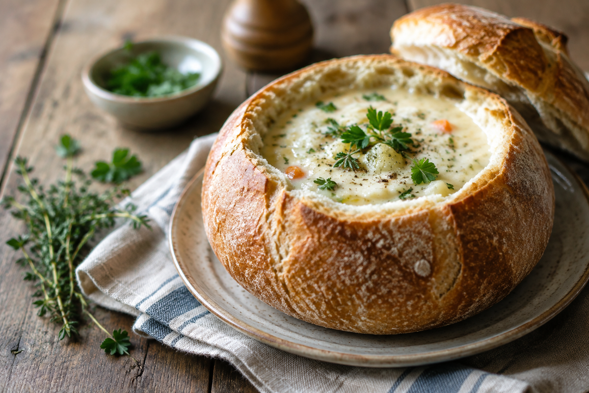 Homemade bread bowls filled with creamy soup, showcasing the soft crust and texture of the bread bowls