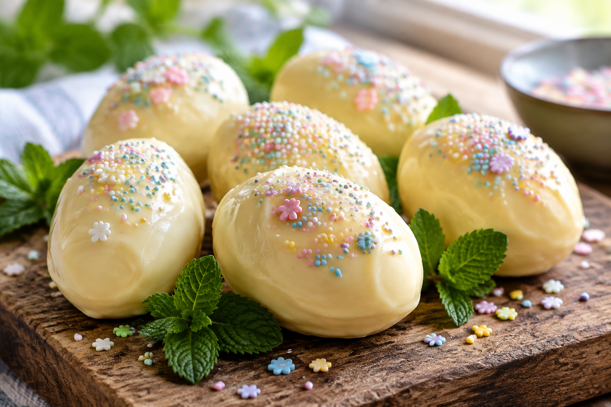 Homemade butter cream eggs on rustic board with pastel sprinkles, showcasing creamy texture