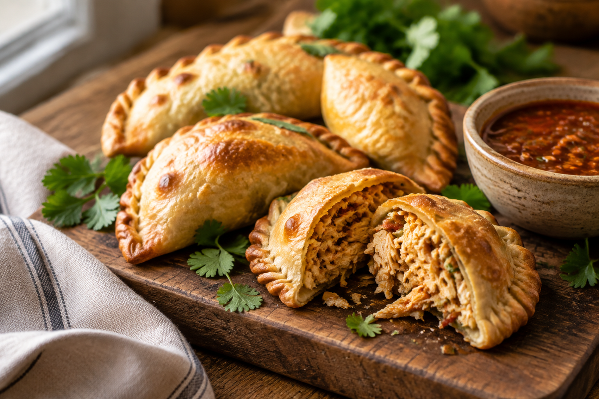 Golden crispy chicken empanadas garnished with fresh cilantro and served with dipping sauce