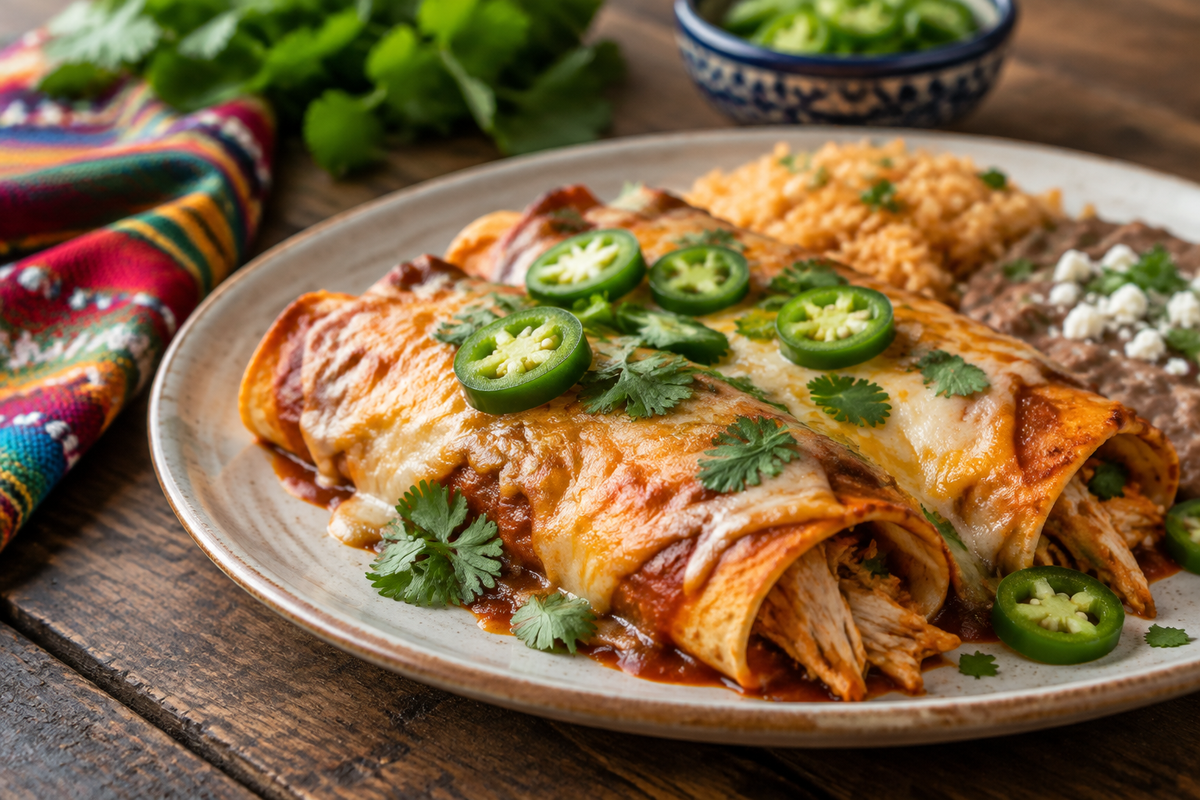 Homemade chicken enchiladas with melted cheese and cilantro garnish on rustic plate