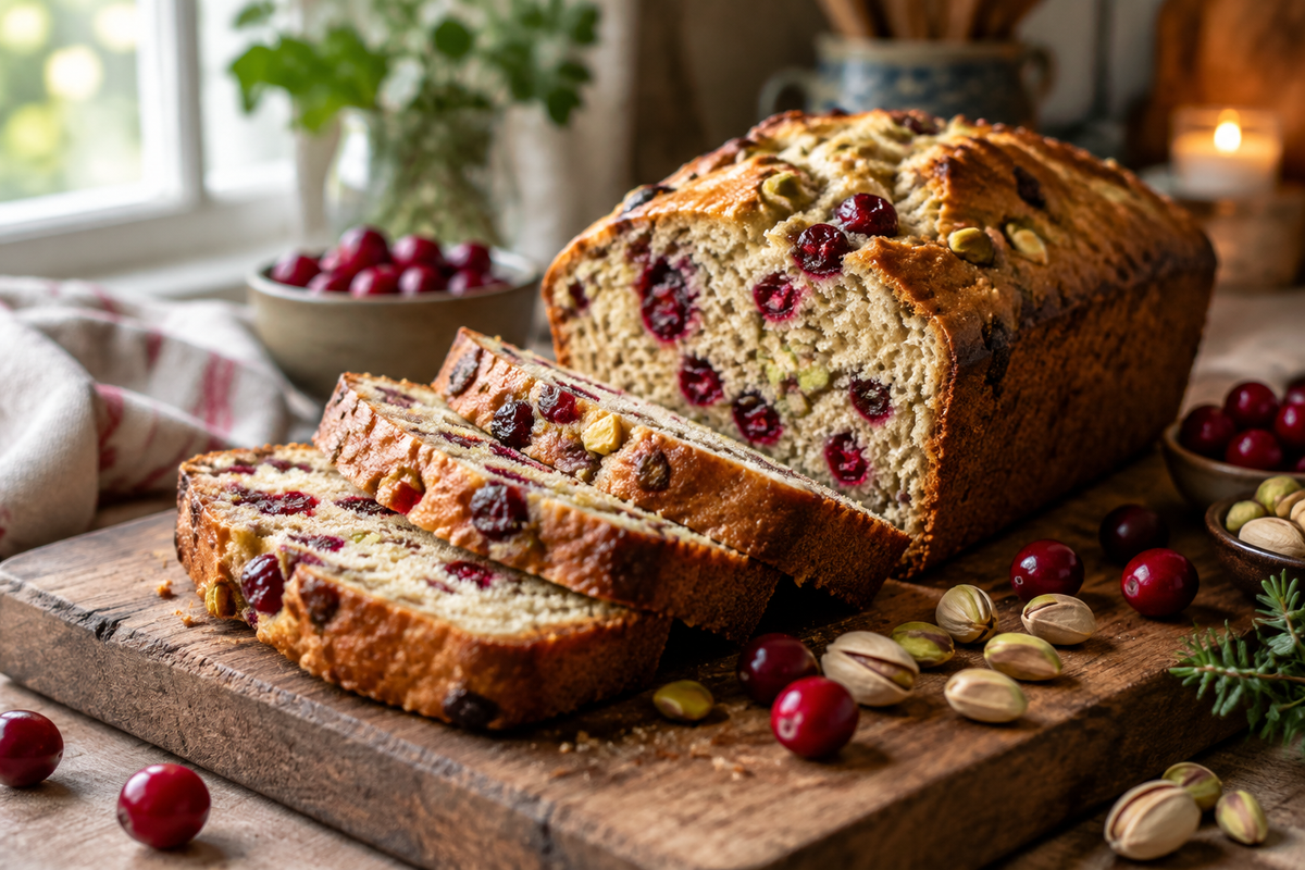 Homemade cranberry pistachio bread loaf sliced showing cranberries and pistachios inside