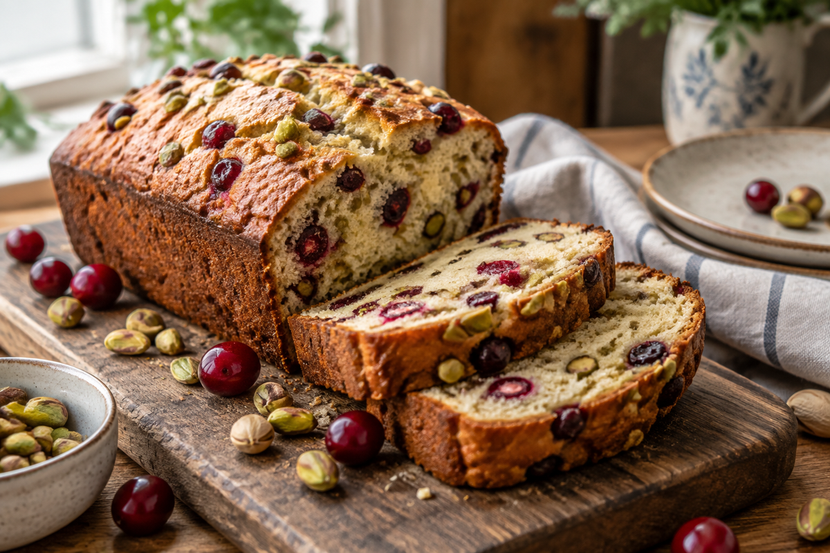 Homemade cranberry pistachio bread sliced with visible cranberries and pistachios on wooden board