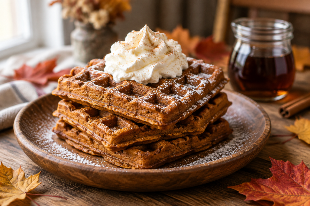 Stack of homemade gingerbread waffles topped with whipped cream and powdered sugar, showcasing gingerbread waffles